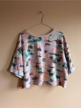 Tropical Palm Print Cropped Top - Pink & Aqua